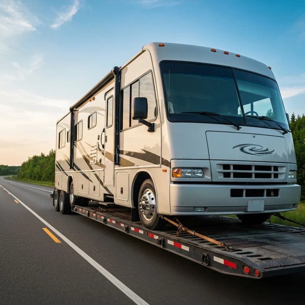RV being transported on a flatbed trailer across Canada